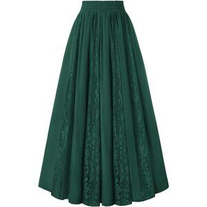 Women Boho Flowy Lace Patchwork Renaissance Long Skirts Green